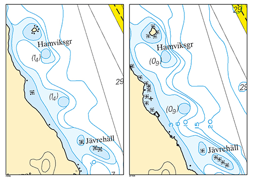 Här går det att se en sjökortsbild från ett område strax söder om Piteå före och efter (till höger) Sjökortslytet. Detaljrikedomen i strandlinjen är högre, och bränningar och övervattenstenar är utmärkta. Djupsiffrorna är även ändrade till den nya referensnivån.